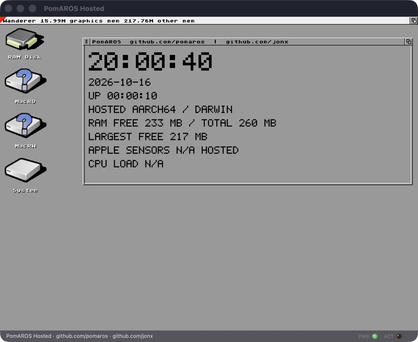 PomAROS Hosted desktop in a macOS window
