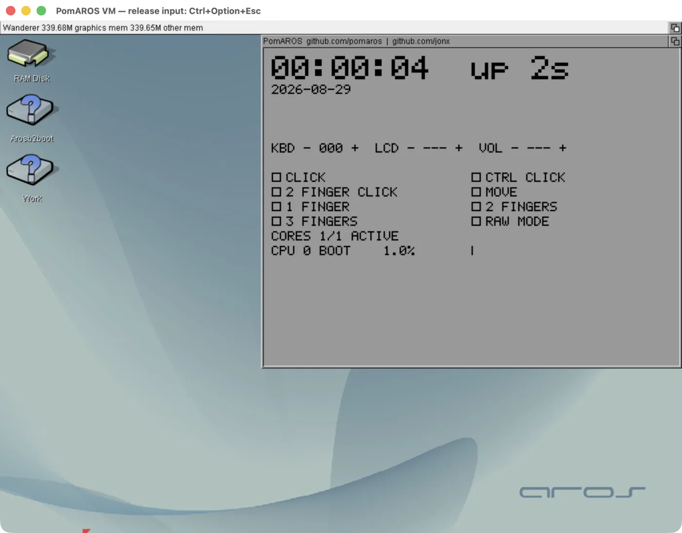 PomAROS VM desktop in its macOS window