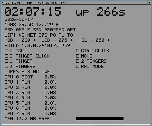 AROS status window on the M1: 8 of 8 cores active, Apple SSD, 13.2 GB free